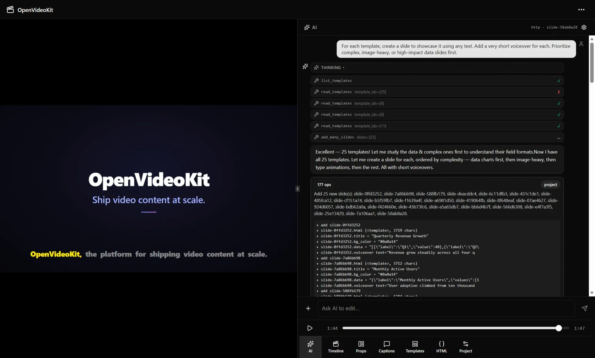 The editor showing the AI prompt that generated the demo video on the left